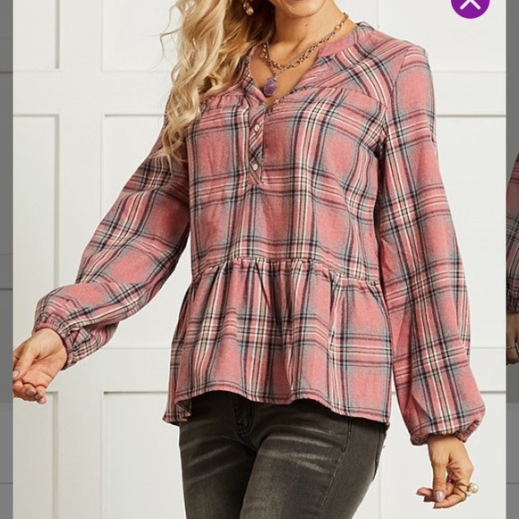 Pink Plaid Button-Front Ruffle-Hem Top - Picture 2 of 4